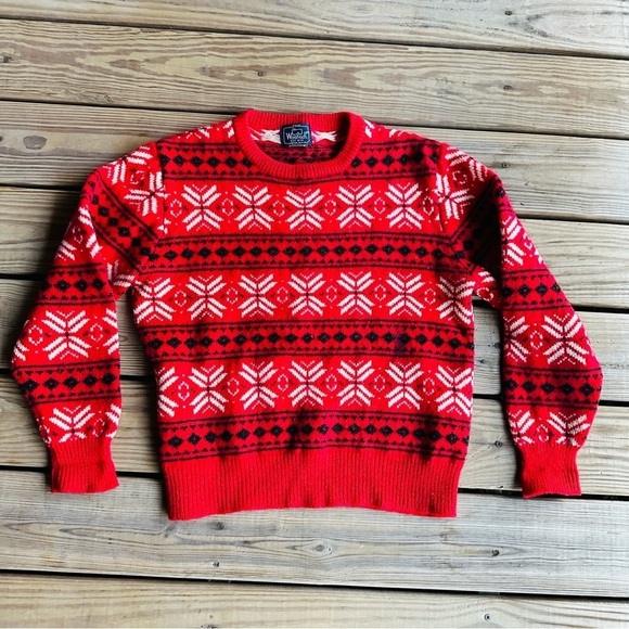 The Woolrich Woman Vintage Wool Sweater Red White Black Knit Crewneck 80s 90s - Picture 10 of 11